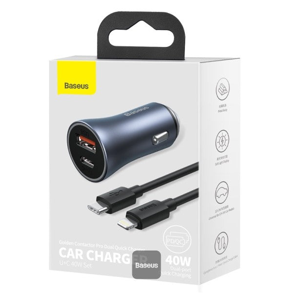 Contactor Baseus Pro Cargador Rápido Dual para Coche U+C 40W Gris oscuro - Achorao