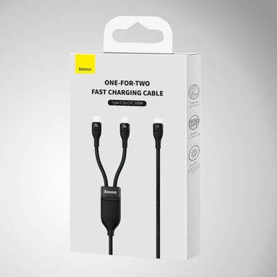 Baseus Flash Series Ⅱ Cable de carga rápida One-for-Two Type-C to C+C 100W 1.5m Negro - Achorao