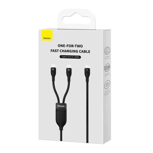 Baseus Flash Series Ⅱ Cable de carga rápida One-for-Two Type-C to C+C 100W 1.5m Negro - Achorao
