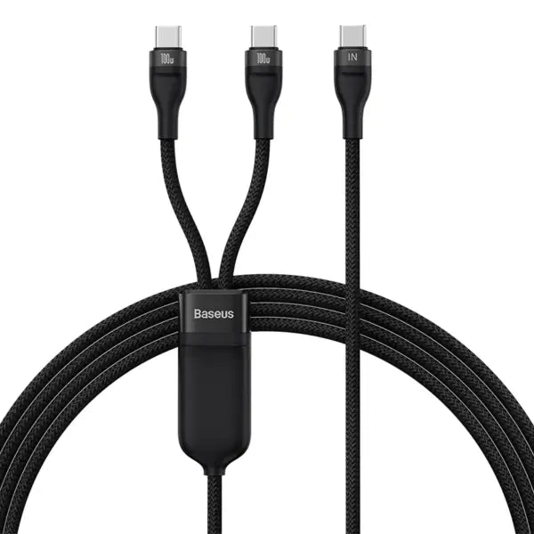 Baseus Flash Series Ⅱ Cable de carga rápida One-for-Two Type-C to C+C 100W 1.5m Negro - Achorao