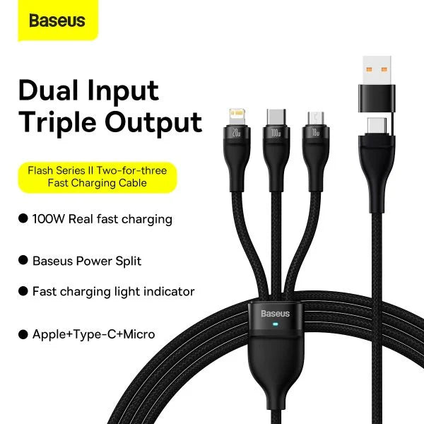 Baseus Flash Series Ⅱ Dos para tres Cable de carga U+C a M+L+C 100W - Achorao