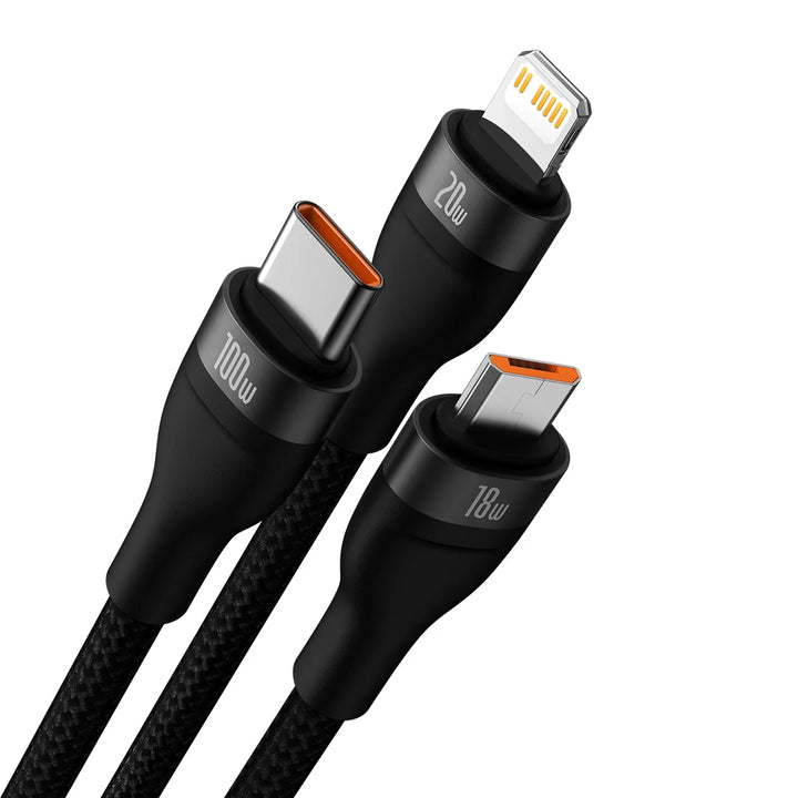 Baseus Flash Series Ⅱ Dos para tres Cable de carga U+C a M+L+C 100W - Achorao