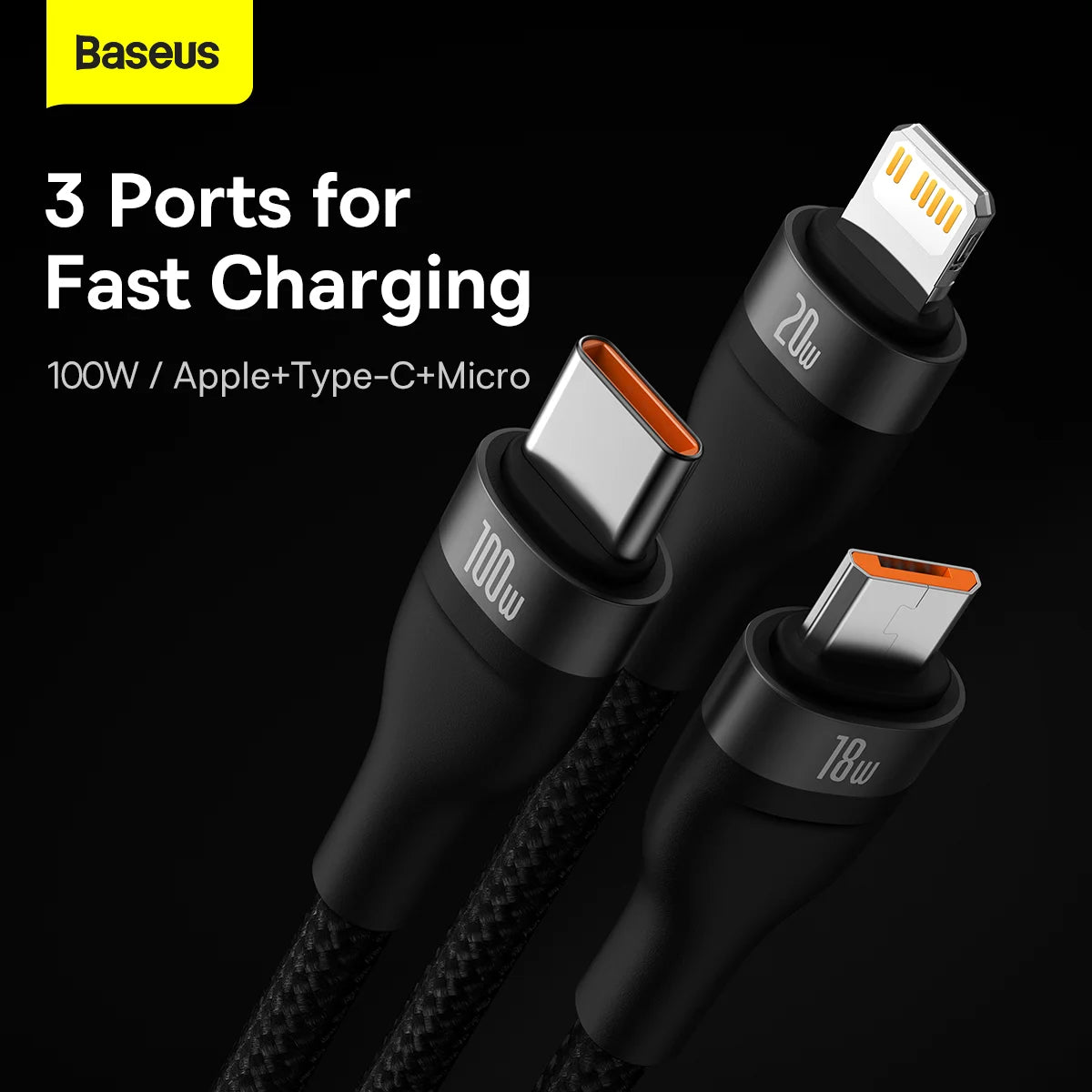 Baseus Flash Series Ⅱ Dos para tres Cable de carga U+C a M+L+C 100W - Achorao