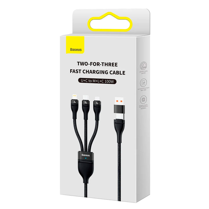 Baseus Flash Series Ⅱ Dos para tres Cable de carga U+C a M+L+C 100W - Achorao