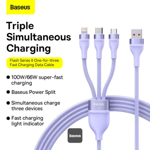 Baseus Flash Series Ⅱ Dos para tres Cable de carga U+C a M+L+C 100W - Achorao
