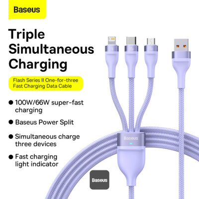 Baseus Flash Series Ⅱ Dos para tres Cable de carga U+C a M+L+C 100W - Achorao