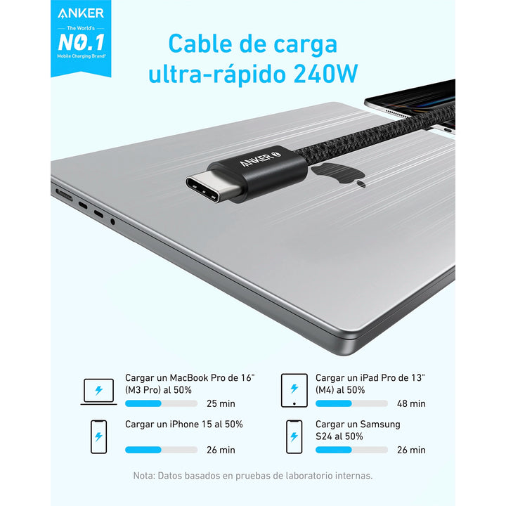 Cable de carga rápida Anker Zolo USB-C a USB-C trenzado de 240 W, 1 m, color negro