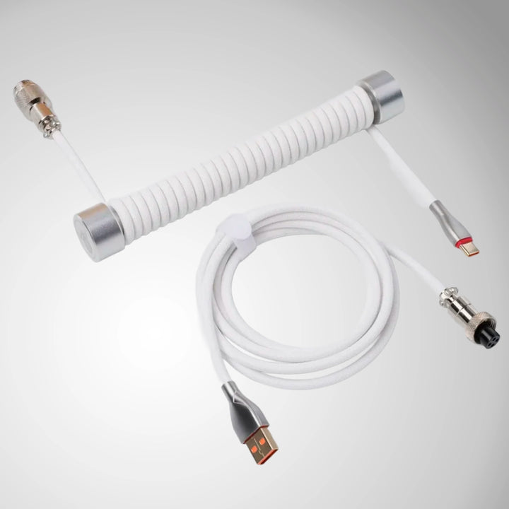 Cable USB-C GravaStar blanco, coiled aviador trenzado para teclado mecánico