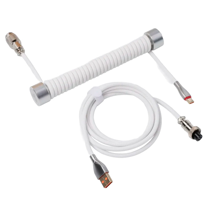 Cable USB-C trenzado blanco GravaStar con diseño aviador enrollado para teclado mecánico