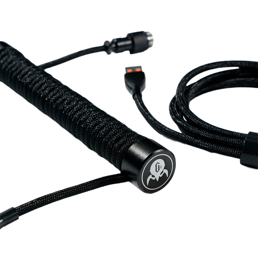 Cable USB-C GravaStar negro trenzado y enrollado con conector aviador para teclado mecánico