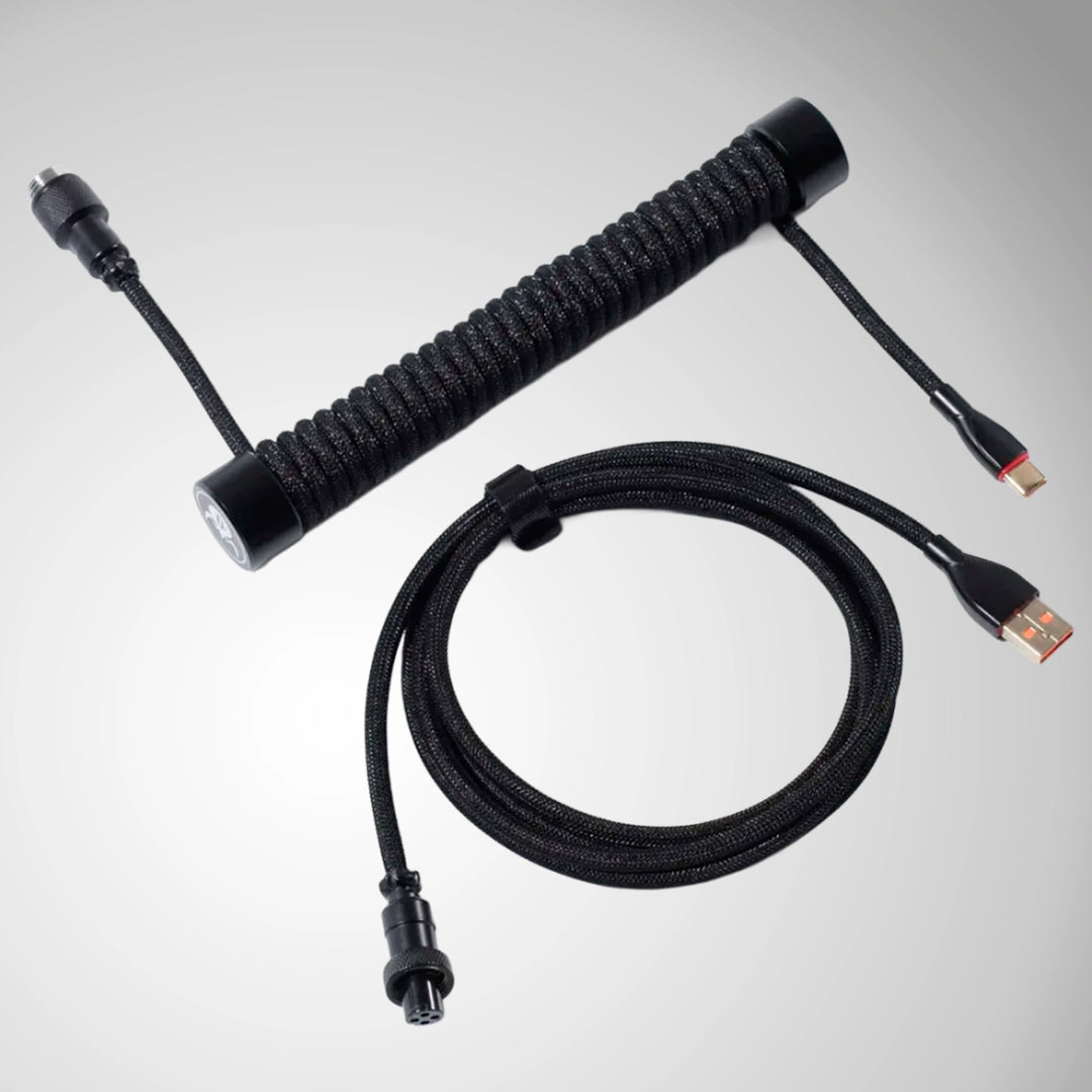 Cable USB-C GravaStar negro trenzado y enrollado con conector aviador para teclado mecánico