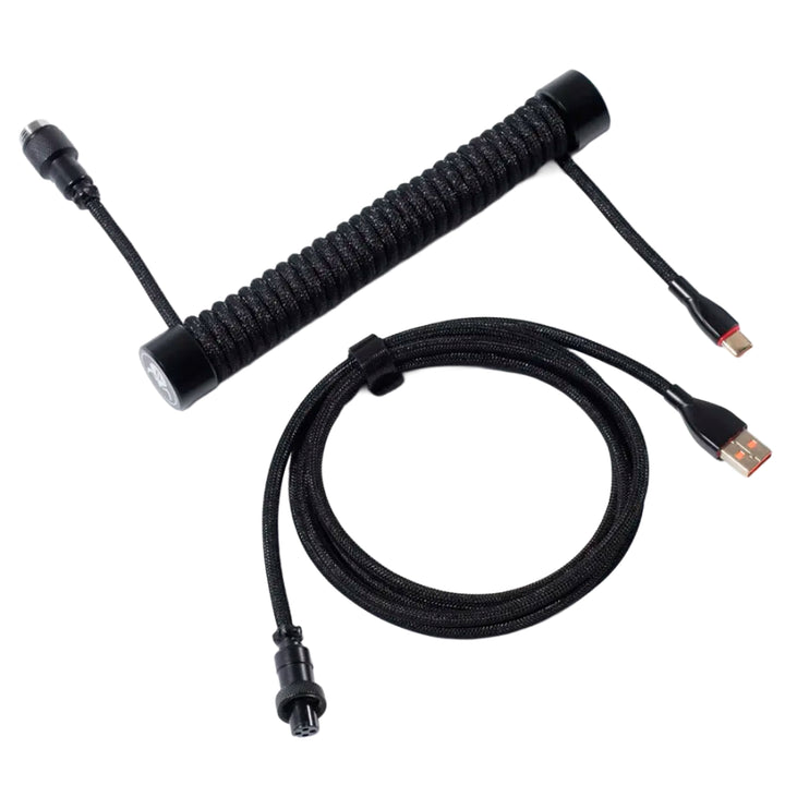 Cable USB-C GravaStar negro trenzado y enrollado con conector aviador para teclado mecánico