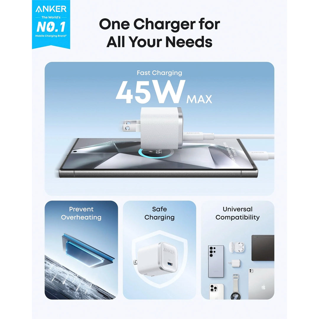Cargador de pared Anker Nano 45W blanco con cable USB-C a USB-C GaN II para carga rápida
