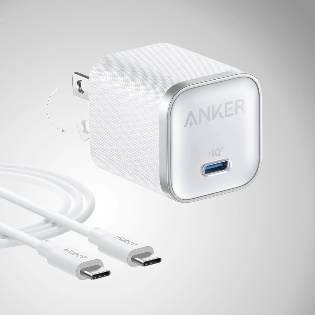 Cargador de pared Anker Nano 45W blanco con cable USB-C a USB-C y tecnología GaN II