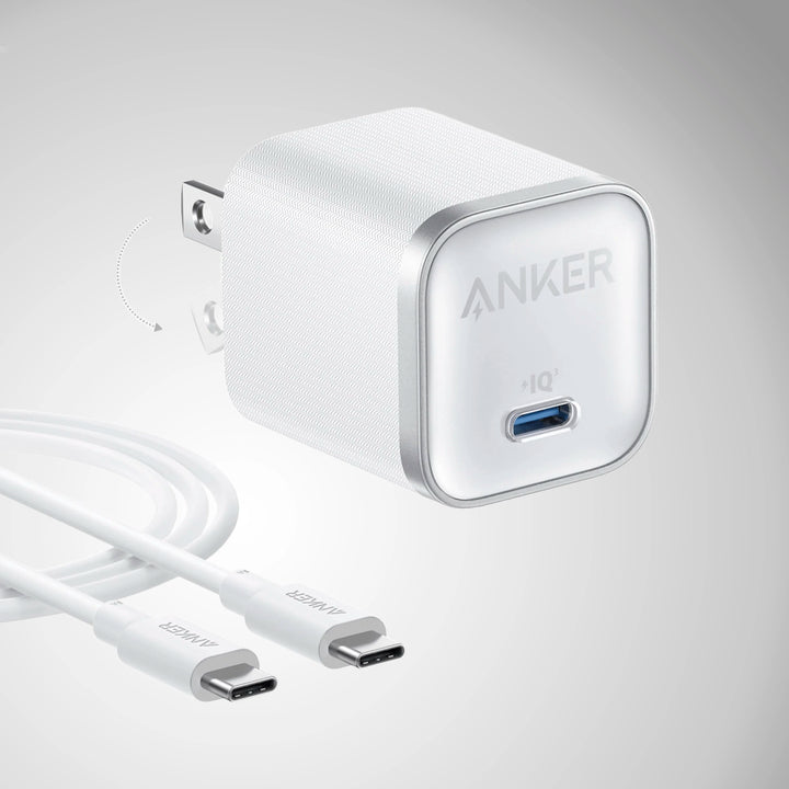 Cargador de pared Anker Nano 45W blanco con cable USB-C a USB-C y tecnología GaN II