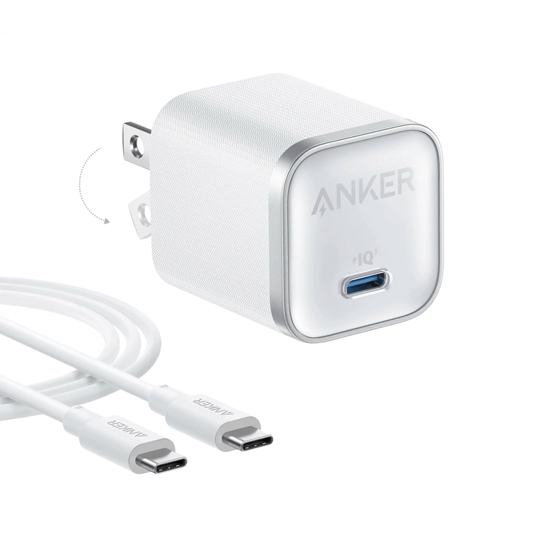 Cargador de pared Anker Nano 45W GaN II blanco con cable USB-C a USB-C para carga rápida