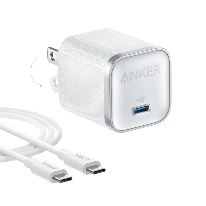 Cargador de pared Anker Nano 45W GaN II blanco con cable USB-C a USB-C para carga rápida