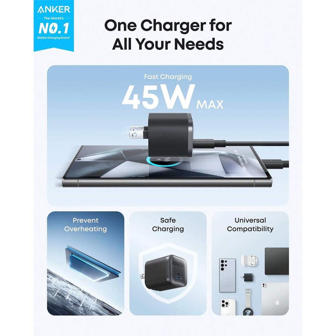 Cargador de pared Anker Nano 45W negro con cable USB-C a USB-C GaN II