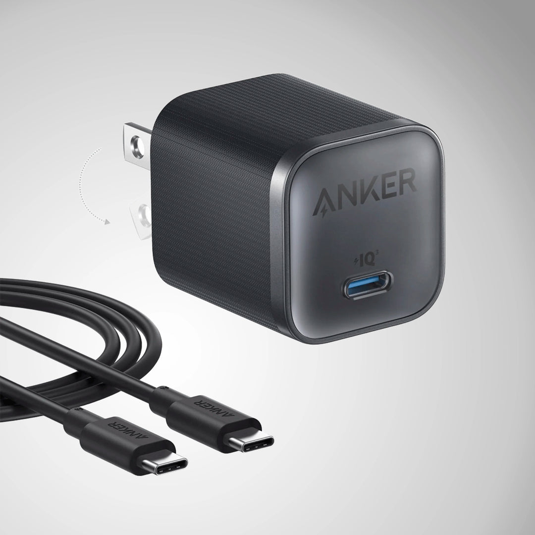 Cargador de pared Anker Nano 45W negro con cable USB-C a USB-C GaN II delantero