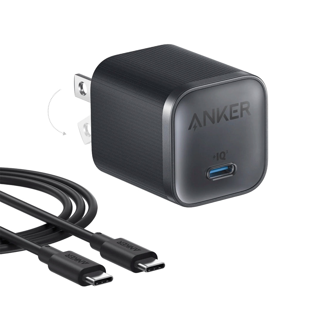 Cargador de pared Anker Nano 45W GaN II negro con cable USB-C a USB-C, vista frontal