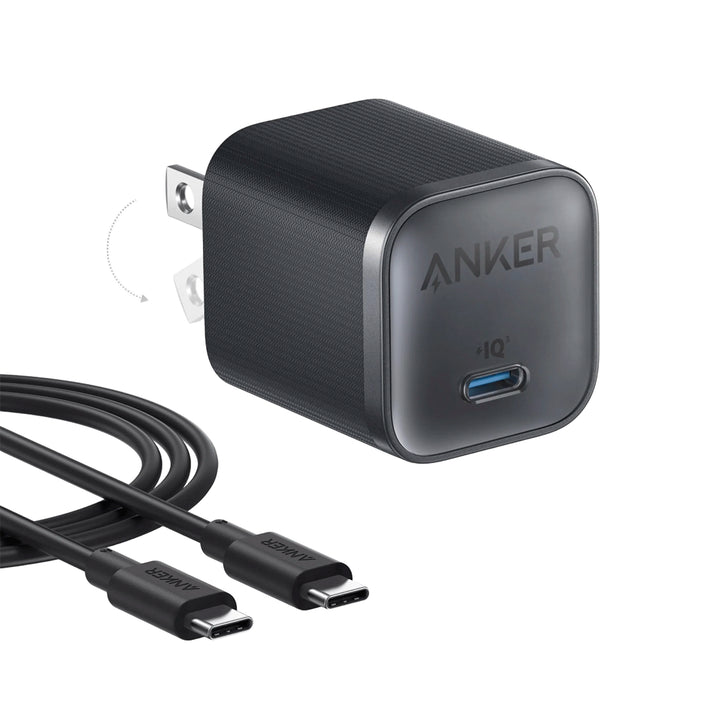 Cargador de pared Anker Nano 45W GaN II negro con cable USB-C a USB-C, vista frontal