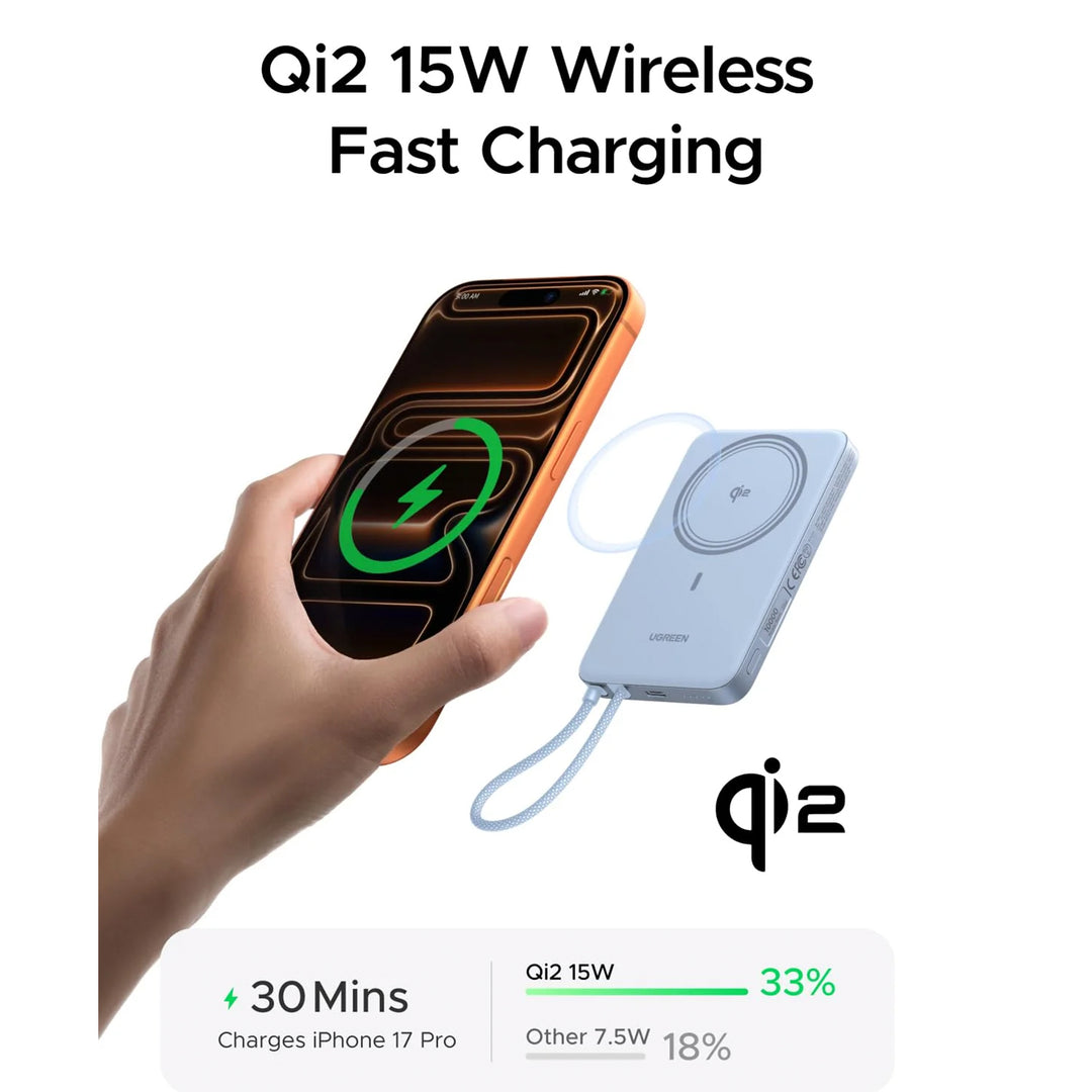 Power Bank inalámbrico imantado UGREEN MagFlow Air 30w 10000mAh, con cable integrado PB570
