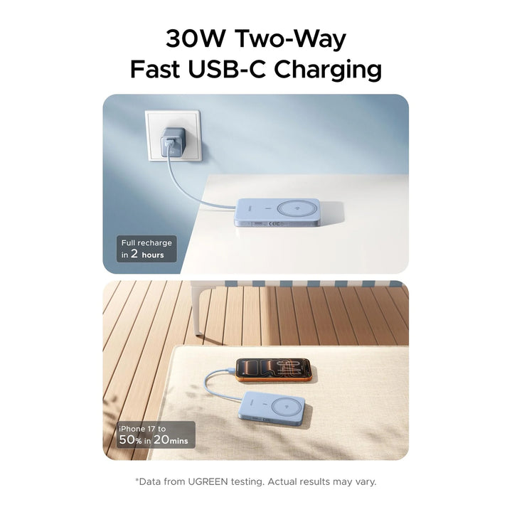 Power Bank inalámbrico imantado UGREEN MagFlow Air 30w 10000mAh, con cable integrado PB570