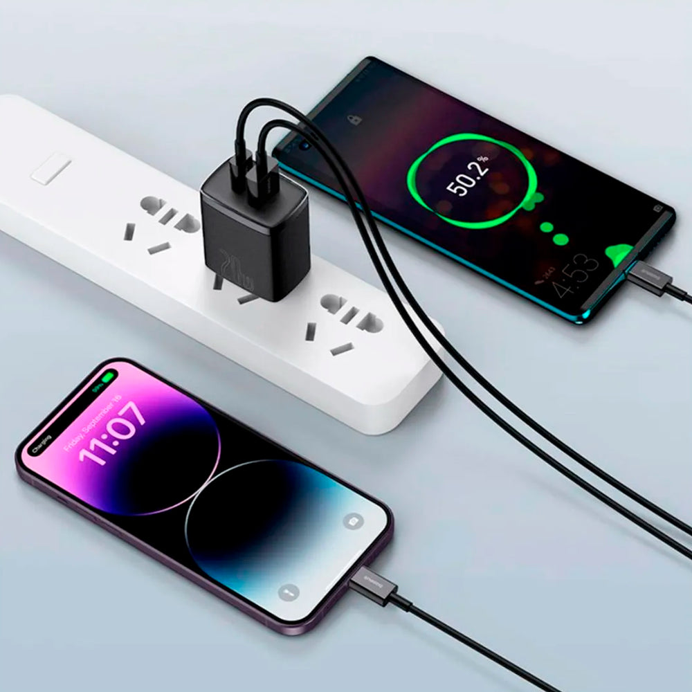 Combo Cargador + Cable Lightning Baseus 20W 3A dos salidas USB-A + Tipo-C US - Achorao