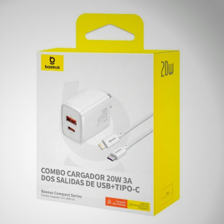 Combo Cargador + Cable Lightning Baseus 20W 3A dos salidas USB-A + Tipo-C US - Achorao