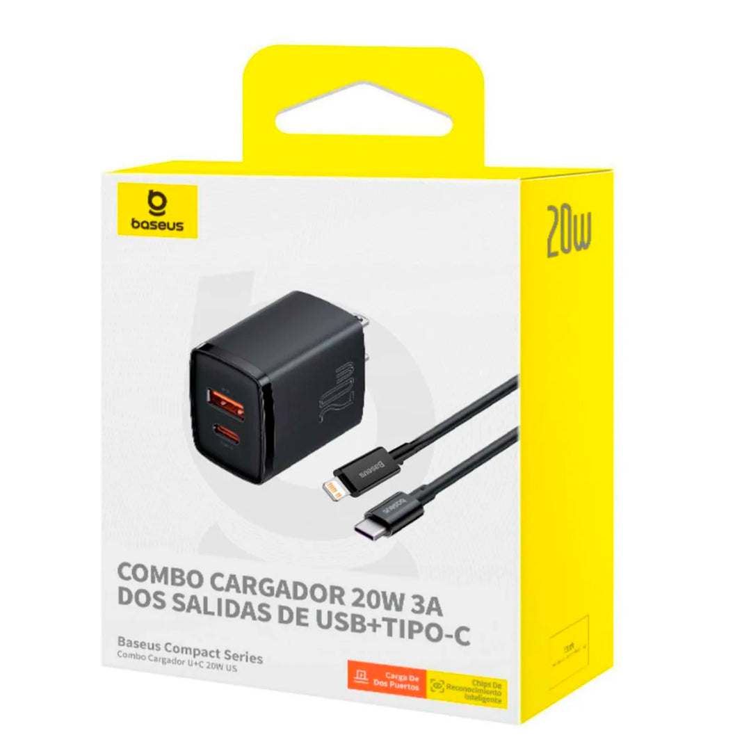Combo Cargador + Cable Lightning Baseus 20W 3A dos salidas USB-A + Tipo-C US - Achorao