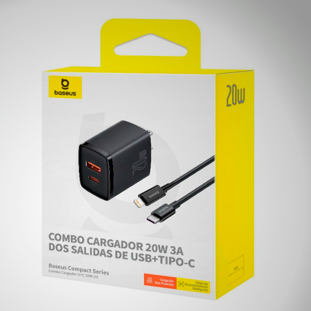 Combo Cargador + Cable Lightning Baseus 20W 3A dos salidas USB-A + Tipo-C US - Achorao
