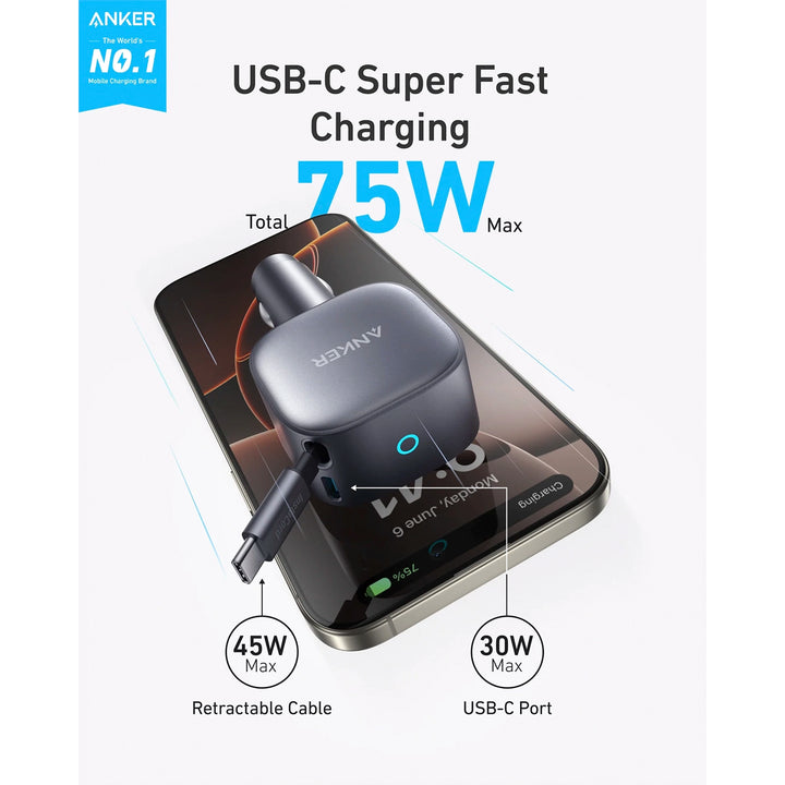 Cargador para Auto Rápido Anker Nano 75W con Cable USB-C Retráctil Integrado Gris