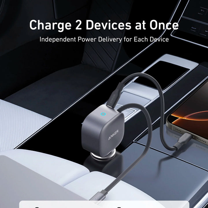 Cargador para Auto Rápido Anker Nano 75W con Cable USB-C Retráctil Integrado Gris
