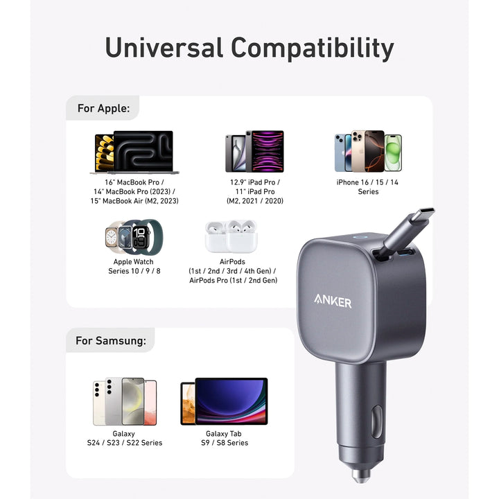 Cargador para Auto Rápido Anker Nano 75W con Cable USB-C Retráctil Integrado Gris