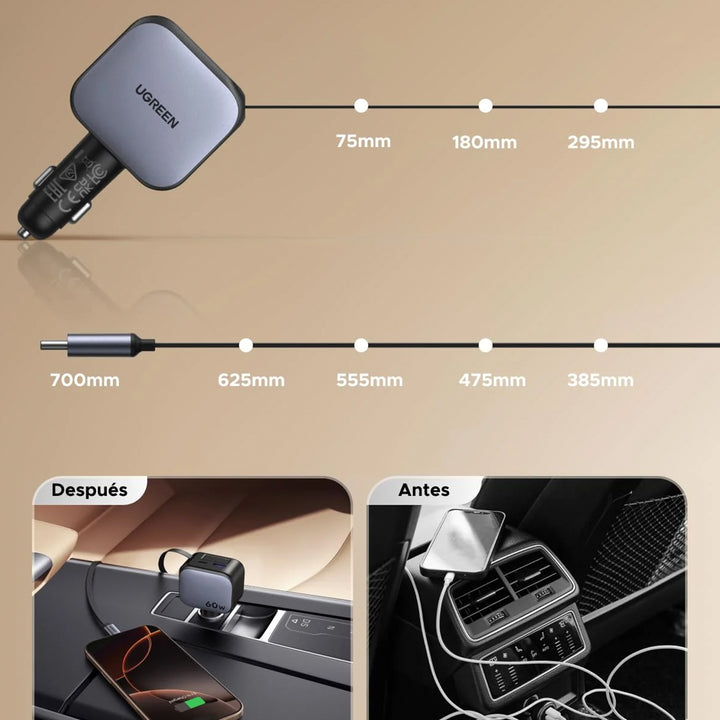 Cargador rápido para auto UGREEN 60W Fast Car Charger with Retractable Cable EC602 55212B