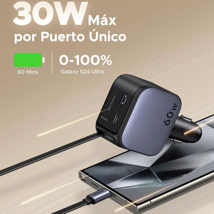 Cargador rápido para auto UGREEN 60W Fast Car Charger with Retractable Cable EC602 55212B