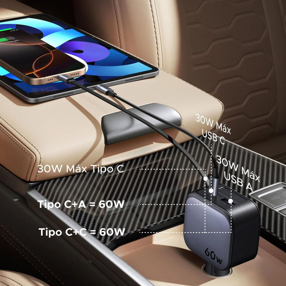 Cargador rápido para auto UGREEN 60W Fast Car Charger with Retractable Cable EC602 55212B