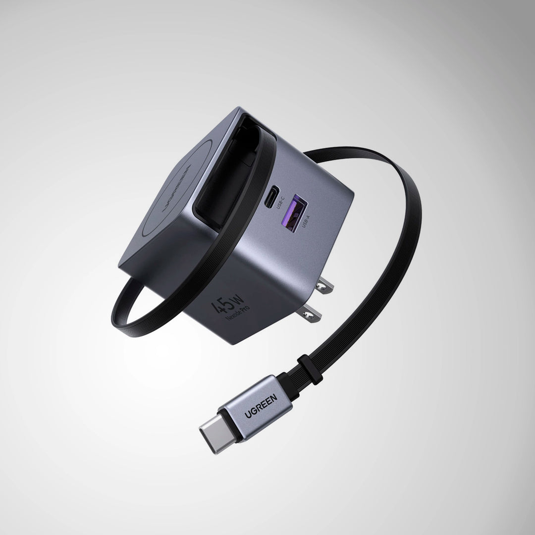 Cargador rápido UGREEN 45W GaN gris con cable retráctil X614 65821