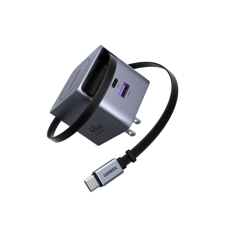 Cargador rápido UGREEN 45W GaN gris con cable retráctil X614, vista frontal del adaptador y cable integrado