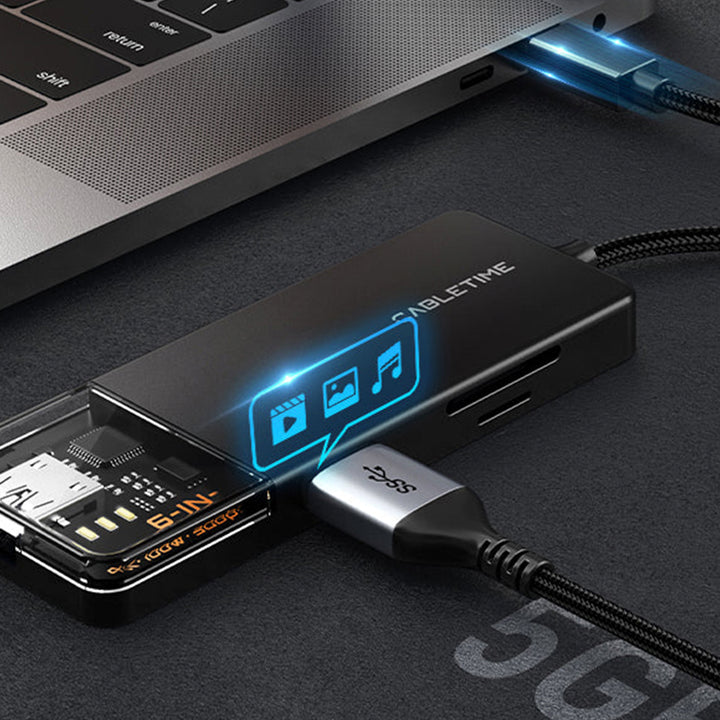 Hub Adaptador USB-C 6 en 1 CABLETIME CB04B | HDMI 4K, PD 100W, USB, Lector SD