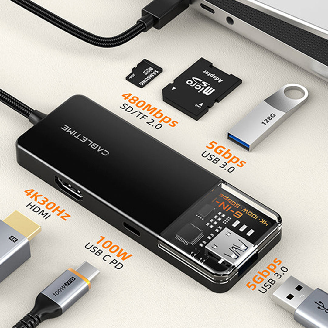 Hub Adaptador USB-C 6 en 1 CABLETIME CB04B | HDMI 4K, PD 100W, USB, Lector SD