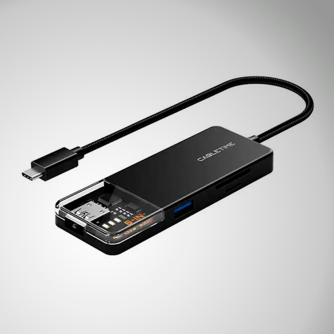 Hub Adaptador USB-C 6 en 1 CABLETIME CB04B | HDMI 4K, PD 100W, USB, Lector SD