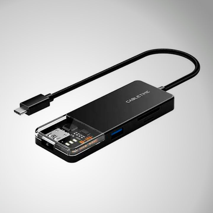Hub Adaptador USB-C 6 en 1 CABLETIME CB04B | HDMI 4K, PD 100W, USB, Lector SD