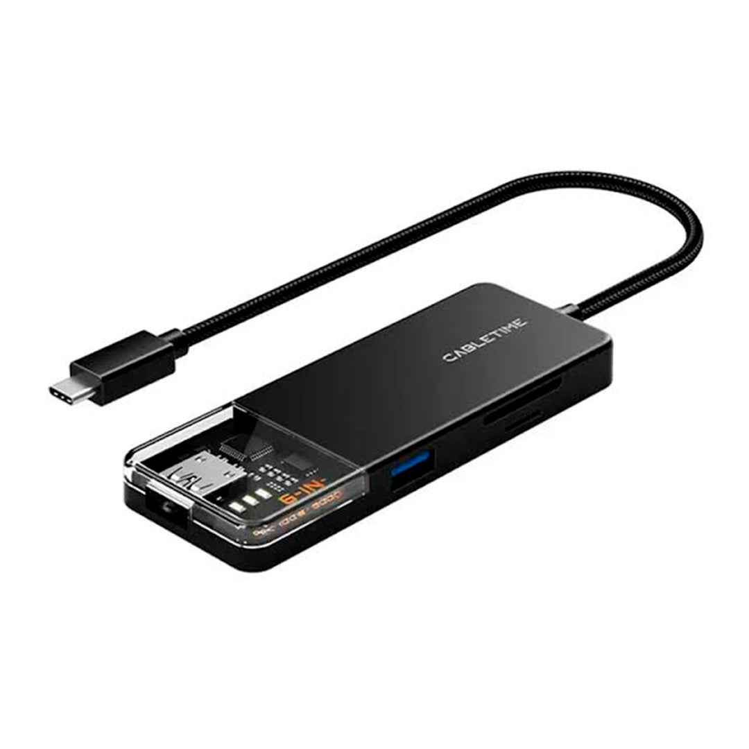 Hub Adaptador USB-C 6 en 1 CABLETIME CB04B | HDMI 4K, PD 100W, USB, Lector SD