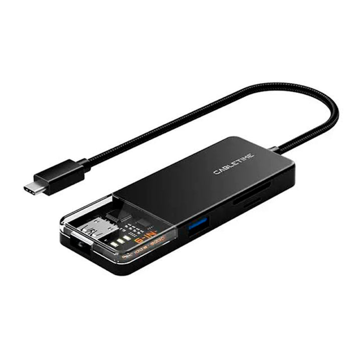 Hub Adaptador USB-C 6 en 1 CABLETIME CB04B | HDMI 4K, PD 100W, USB, Lector SD