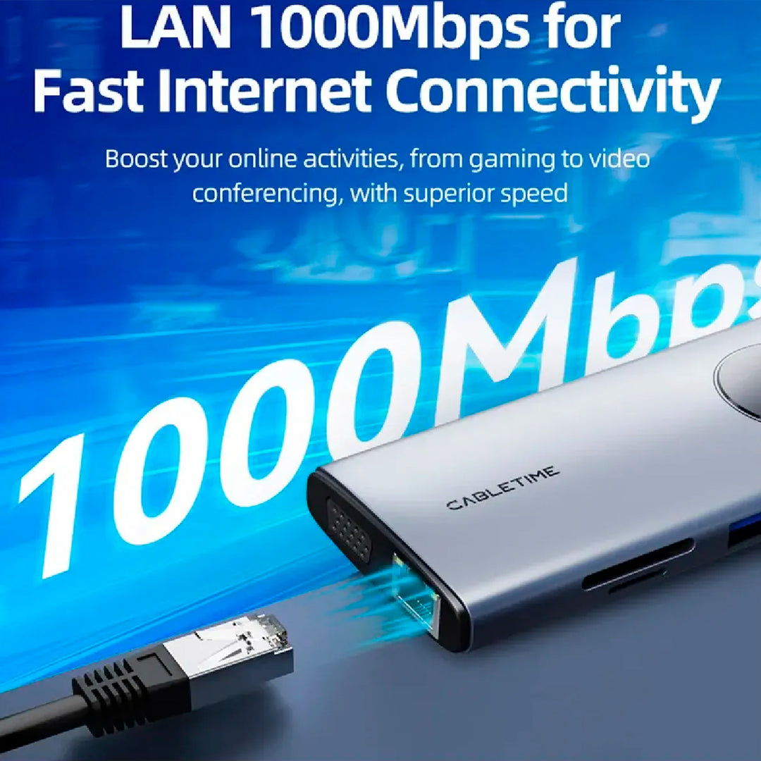 Hub Adaptador USB-C 10 en 1 CABLETIME CB91G | HDMI 4K, PD 100W, Ethernet, VGA, USB 3.0