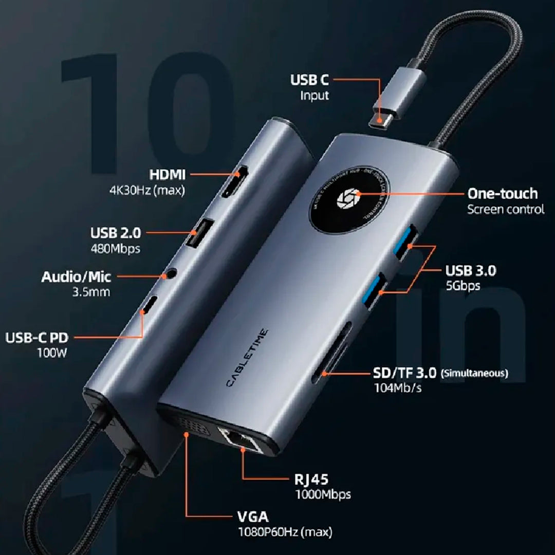 Hub Adaptador USB-C 10 en 1 CABLETIME CB91G | HDMI 4K, PD 100W, Ethernet, VGA, USB 3.0