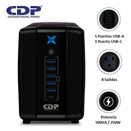 Estabilizador CDP R-UPR508I 500VA/250W 8 Salidas / 5 Port USB / Tipo C - Achorao