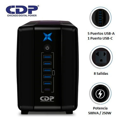 Estabilizador CDP R-UPR508I 500VA/250W 8 Salidas / 5 Port USB / Tipo C - Achorao