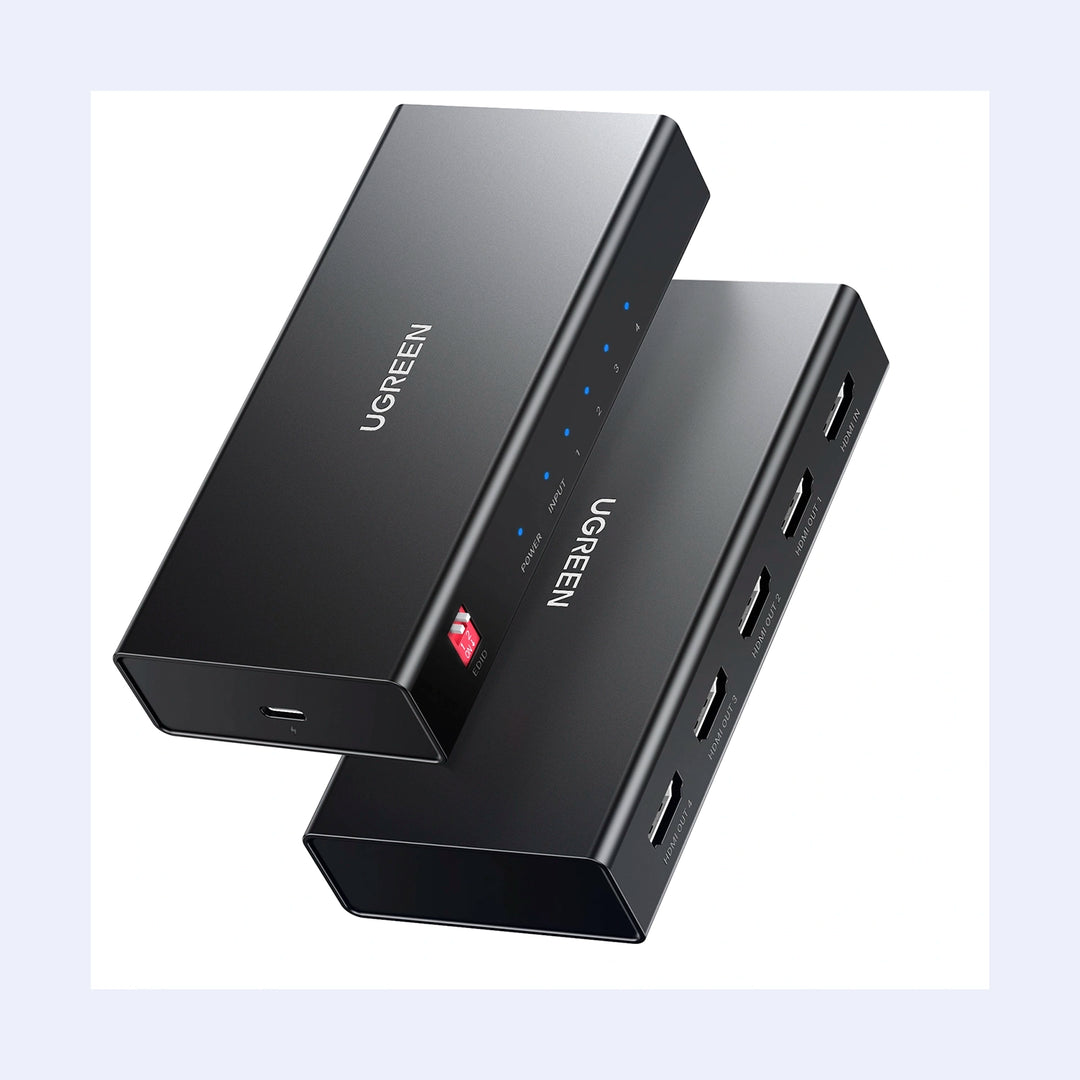 Adaptador splitter HDMI UGREEN CM570 con entrada y 4 salidas, compatible 4K@60Hz, para conectar múltiples dispositivos HDMI.